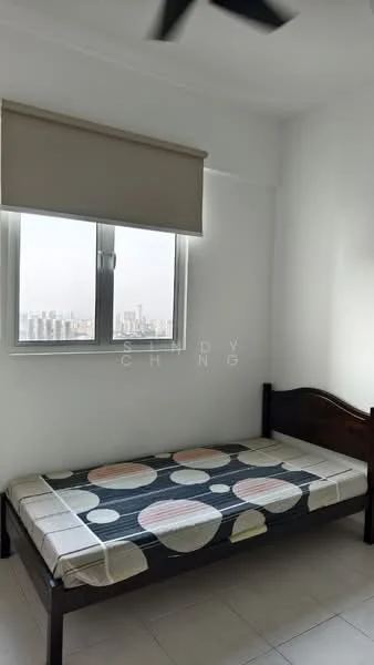 Bedroom features: single bed, polka dot bedspread, floor-to-ceiling window, roller blinds, light-colored walls, ceiling fan, tiled flooring, city view; style: modern; view: city.