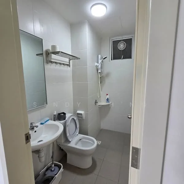 Bathroom features: white tiled walls, grey tiled flooring, single-sink vanity with mirror, toilet, shower with wall-mounted showerhead, grab bar, window for ventilation, towel rack; style: modern.