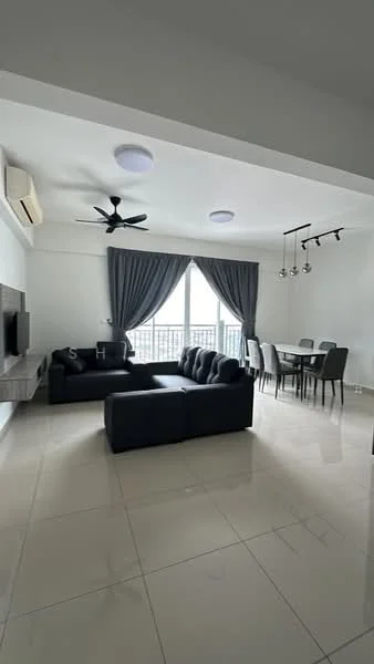Living features: L-shape sectional sofa in black, coffee table, wall-mounted TV, ceiling fan with light, recessed downlights, floor-to-ceiling windows, grey curtains, polished ceramic tile flooring, dining table with chairs, decorative wall panel; style: modern; view: city.