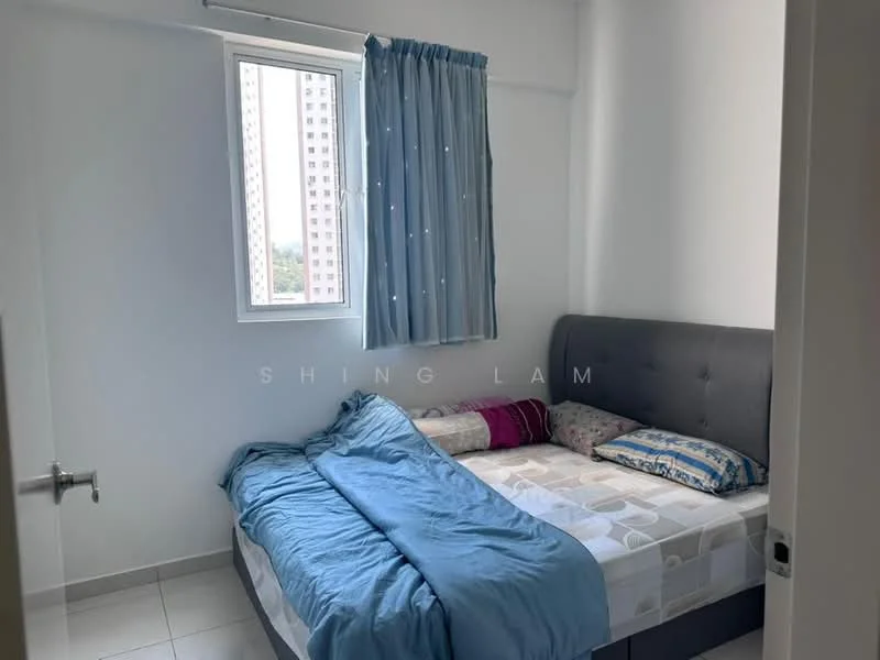 Bedroom features: queen-size bed, upholstered headboard, bedding in blue and patterned, light blue curtains, floor-to-ceiling window, white painted walls, tile flooring, decorative pillows; style: modern; view: city.