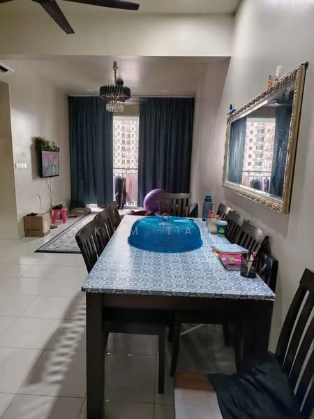Dining features: dining table with blue patterned tablecloth, 8 wooden dining chairs, chandelier light fixture, floor-to-ceiling windows with dark curtains, mirror with ornate frame, wall-mounted TV, area rug, cream painted walls, tile flooring, decorative plants, glass water bottle, magazine on table; style: modern; view: city. Living features: sofa, TV console, decorative items; style: modern.