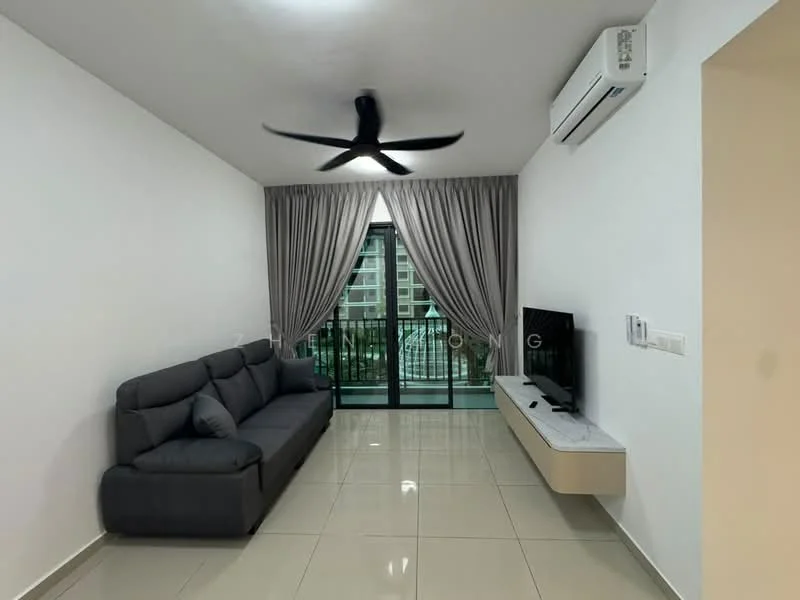 Living features: 3-seater fabric sofa in grey, wall-mounted TV, TV console in light wood, floor-to-ceiling windows, sliding glass door, curtains in light grey, 5-blade ceiling fan with light, glossy ceramic tile flooring, white painted walls, air conditioning unit; style: modern; view: city.