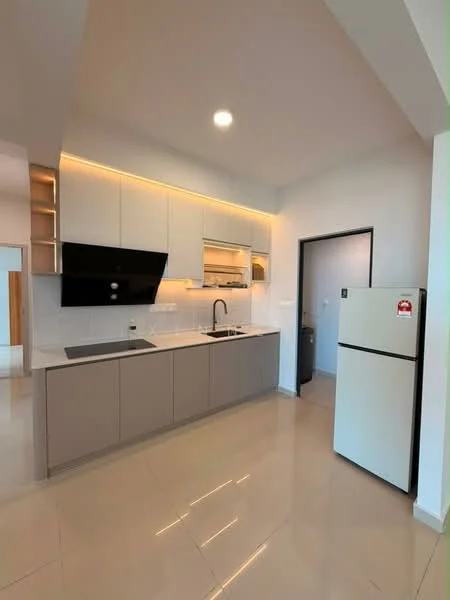 Kitchen features: grey cabinetry, white countertop, single-bowl stainless-steel sink, chrome pull-down faucet, built-in oven, stainless-steel fridge, ceramic tile flooring, recessed LED downlights, wall-mounted range hood, open shelving, backlit cabinetry; style: modern.