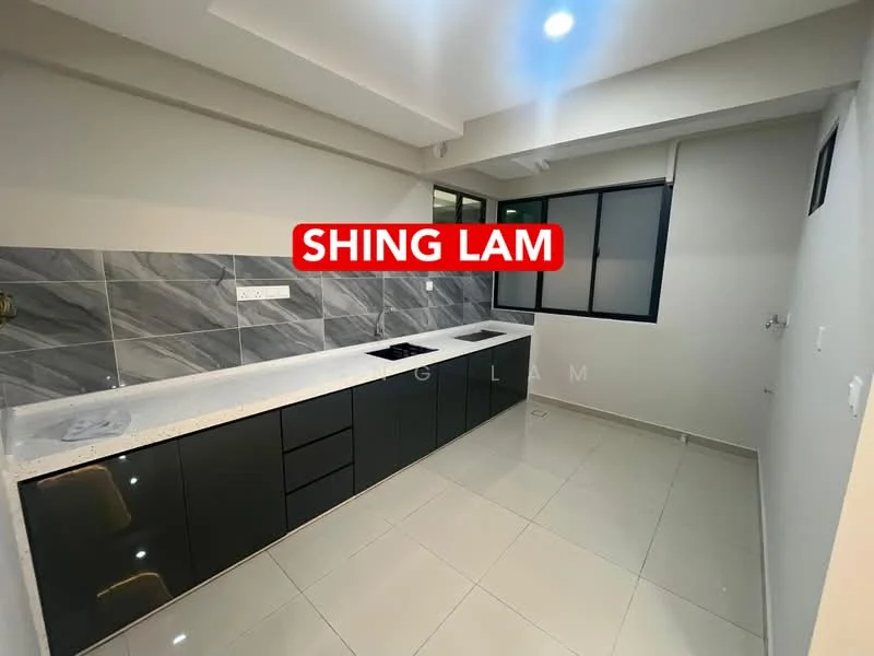 Kitchen features: grey marble backsplash, white quartz countertop, black flat-panel cabinets, built-in cooktop, single-bowl stainless-steel sink, chrome pull-down faucet, recessed downlights, ceramic tile flooring, window with black frame, wall-mounted electrical outlets; style: modern.