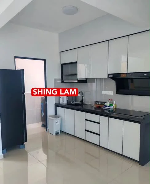 Kitchen features: white cabinetry with black handles, black countertop, stainless-steel sink, chrome pull-down faucet, built-in microwave, built-in oven, stainless-steel fridge, ceramic tile flooring, recessed downlights, wall-mounted cabinets, kitchen island, kettle, dish soap, cutting board; style: modern.