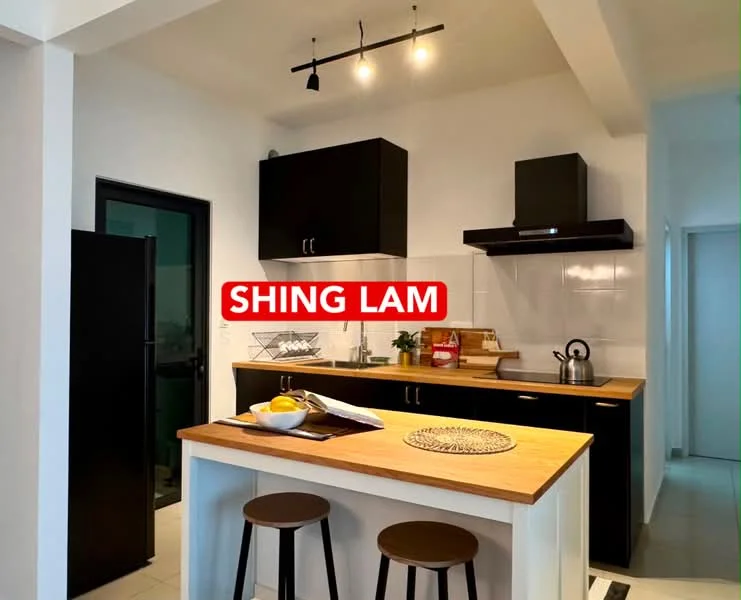 Kitchen features: black cabinetry, wood countertop, stainless-steel sink, chrome pull-down faucet, built-in oven, freestanding fridge, kitchen island with seating, pendant lighting, white tiled backsplash, open shelving, ceramic tile flooring, recessed downlights; style: modern.