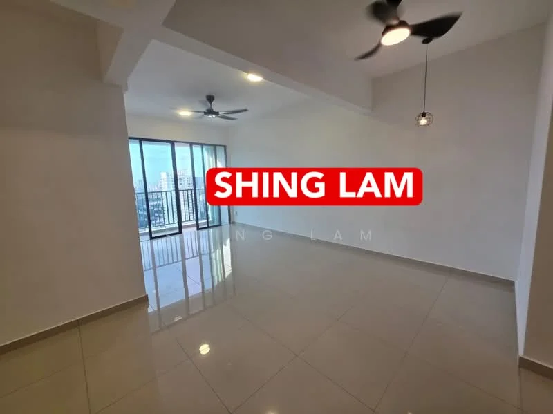 Living features: white painted walls, glossy ceramic tile flooring, 2 ceiling fans, large floor-to-ceiling windows, sliding glass door, city view, recessed downlights, pendant light; style: modern; view: city.