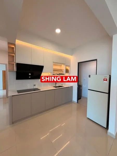 Kitchen features: white cabinetry with flat-panel design, grey lower cabinets, marble countertop, built-in oven, stainless-steel fridge, black wall-mounted range hood, single-bowl stainless-steel sink, chrome pull-down faucet, recessed LED downlights, tile flooring, open shelving, backlit countertop, kitchen island, microwave, wall-mounted cabinets; style: modern.