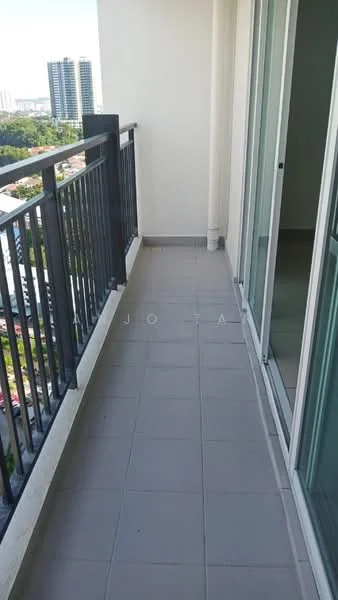 Room features: balcony, grey tiled flooring, metal railing, sliding glass door, city view; style: modern; view: city.
