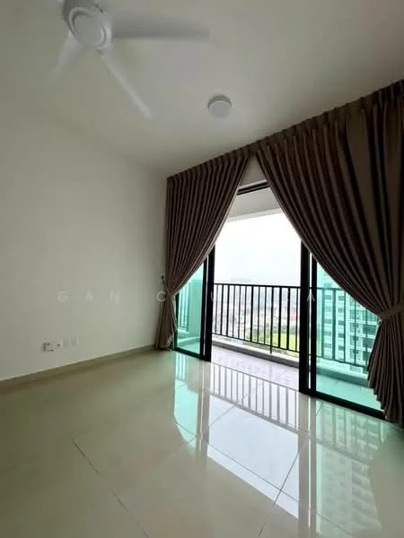 Room features: floor-to-ceiling windows, sliding glass door, curtains, light-colored walls, ceiling fan, tile flooring, balcony view, neutral decor; style: modern; view: city.