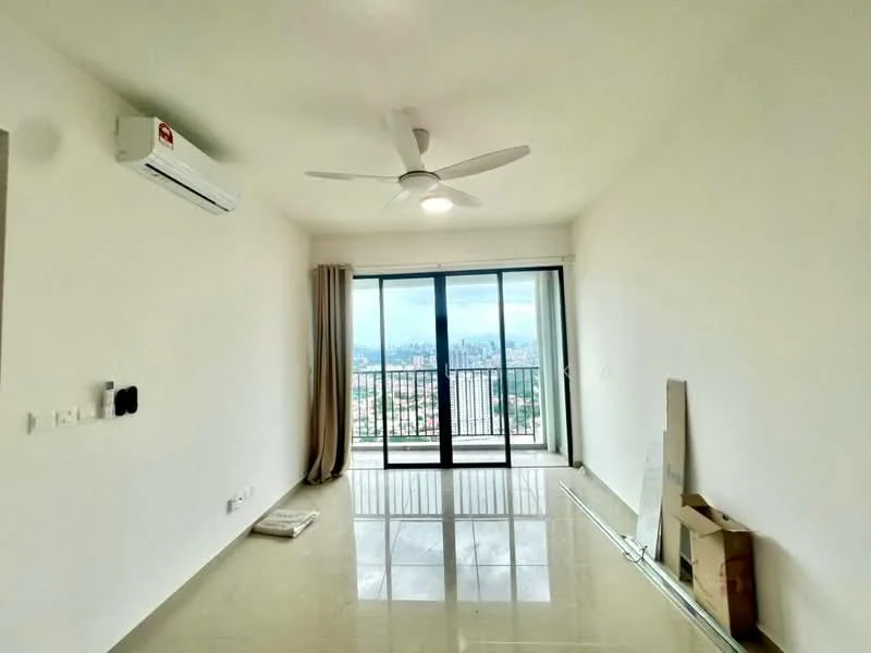 Living features: white painted walls, polished tile flooring, 5-blade ceiling fan with light, floor-to-ceiling windows, sliding glass door, curtains, wall-mounted split AC, city view; style: modern; view: city.