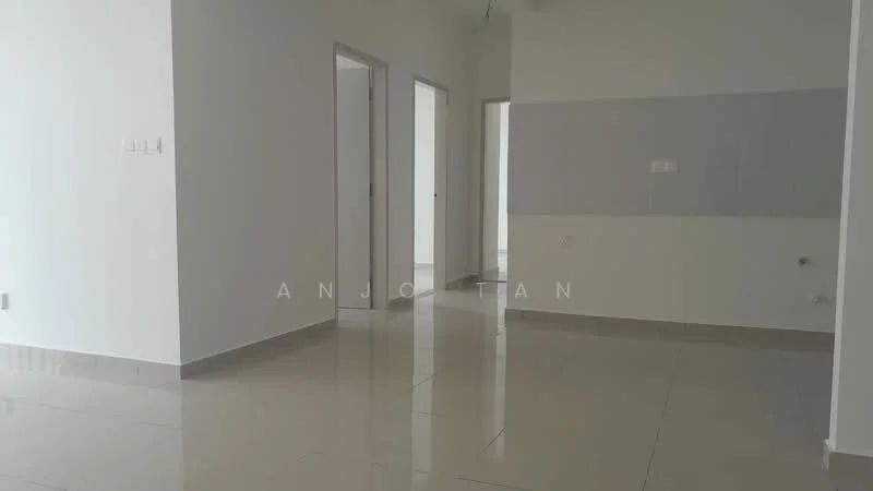Room features: white painted walls, glossy ceramic tile flooring, multiple doorways, neutral color scheme, no visible furniture, natural light from windows, smooth ceiling, wall-mounted electrical outlets; style: modern.