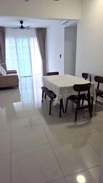 Dining features: white walls, glossy tile flooring, ceiling fan, 6-seater dining table, wooden dining chairs, curtains, natural light from large windows, open layout to living area; style: modern. Living features: beige fabric sofa, coffee table, floor-to-ceiling windows, curtains, natural light, open layout to dining area; style: modern.