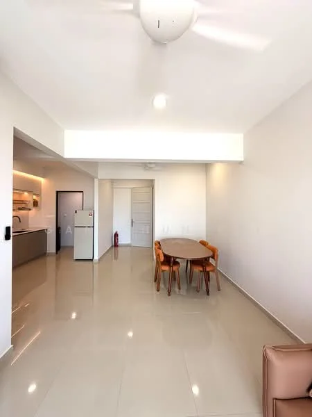 Living features: white painted walls, glossy ceramic tile flooring, 5-blade ceiling fan with light, round dining table, 4 wooden dining chairs, kitchen area with grey cabinetry, stainless-steel fridge, open layout, natural light from windows, neutral decor; style: modern.