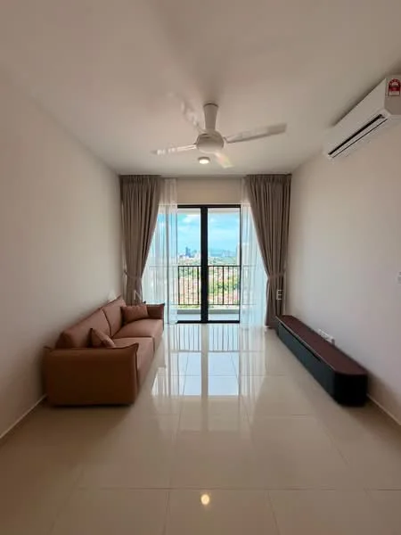 Living features: 3-seater fabric sofa in brown, floor-to-ceiling windows, sheer curtains, recessed downlights, ceiling fan, wall-mounted air conditioning unit, glossy tile flooring, balcony access, view of city skyline, neutral painted walls, wooden bench, decorative wall panel; style: modern; view: city.