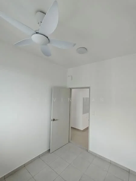 Room features: white painted walls, ceiling fan, light-colored tiled flooring, single door, wall-mounted speaker, neutral color scheme; style: modern.