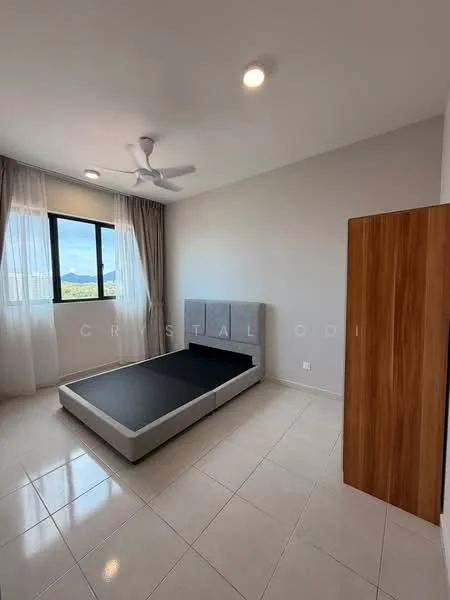 Bedroom features: queen-size bed, upholstered headboard, floor-to-ceiling window, sheer curtains, 5-blade ceiling fan, light-colored walls, glossy tile flooring, wooden wardrobe; style: modern; view: city.