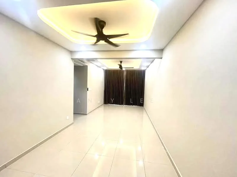 Room features: white painted walls, glossy tile flooring, 5-blade ceiling fan with integrated LED light, recessed lighting, curtains, open space layout; style: modern.
