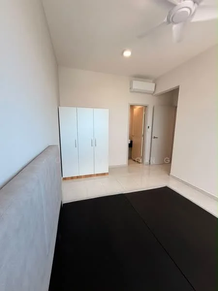 Bedroom features: white painted walls, tile flooring, 5-blade ceiling fan, wall-mounted split AC, upholstered headboard, built-in wardrobe with white doors, black mat flooring, doorway leading to bathroom, natural light from window; style: modern.