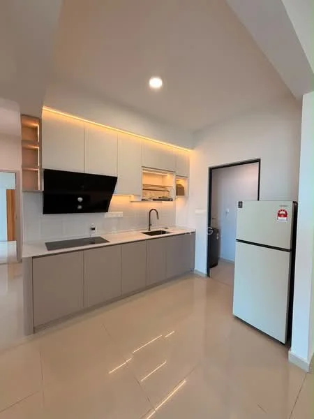 Kitchen features: light grey cabinetry, white countertop, single-bowl stainless-steel sink, chrome pull-down faucet, built-in oven, stainless-steel range hood, recessed LED downlights, ceramic tile flooring, backlit shelving, fridge, wall-mounted cabinets; style: modern.