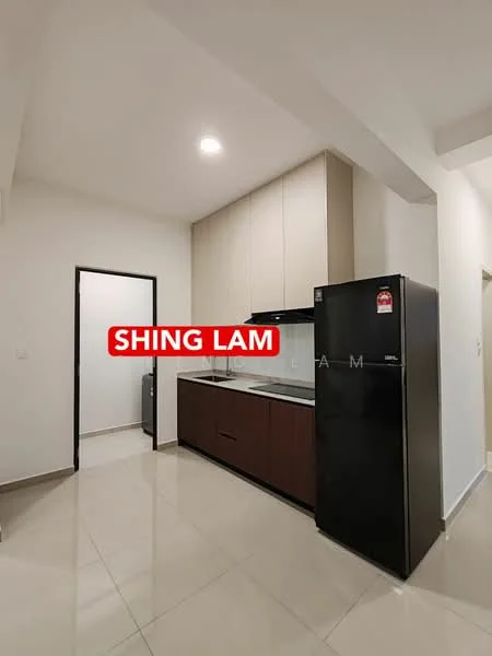 Kitchen features: white painted walls, cream cabinetry, dark wood lower cabinets, black refrigerator, built-in oven, stainless-steel sink, chrome pull-down faucet, ceramic tile flooring, recessed downlights, open shelving, countertop with backsplash; style: modern.