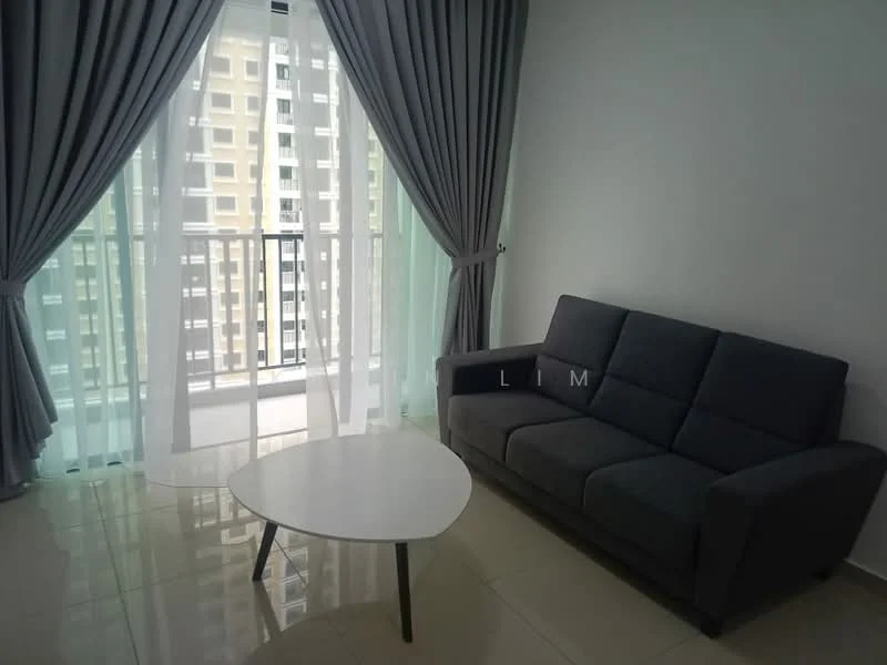 Living features: grey fabric sofa, white round coffee table, floor-to-ceiling windows, sheer curtains, grey curtains, tile flooring, white painted walls, natural light; style: modern; view: city.