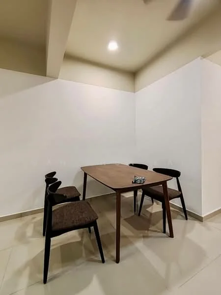 Dining features: wooden dining table, four dining chairs, white painted walls, recessed ceiling light, tile flooring, corner placement, minimalist decor; style: modern.