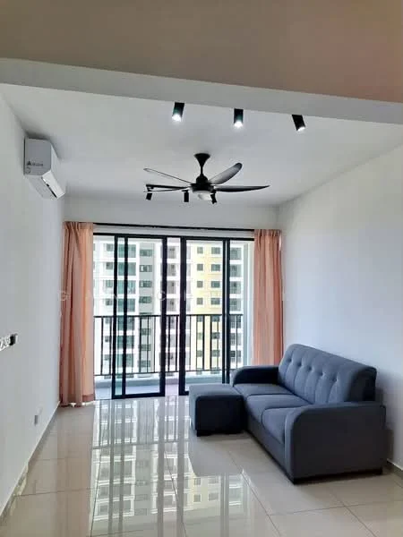 Living features: grey fabric sofa, floor-to-ceiling windows, sliding glass door, curtains in peach color, 5-blade ceiling fan with light, wall-mounted split AC, glossy tile flooring, white painted walls, track lighting; style: modern; view: city.