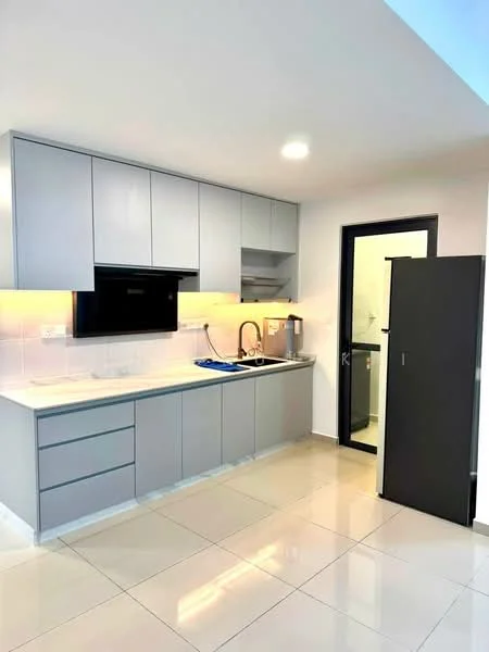 Kitchen features: grey cabinetry, white countertop, single-bowl stainless-steel sink, chrome pull-down faucet, built-in oven, stainless-steel fridge, ceramic tile flooring, recessed LED downlights, white tiled backsplash, sliding glass door, open shelving; style: modern.
