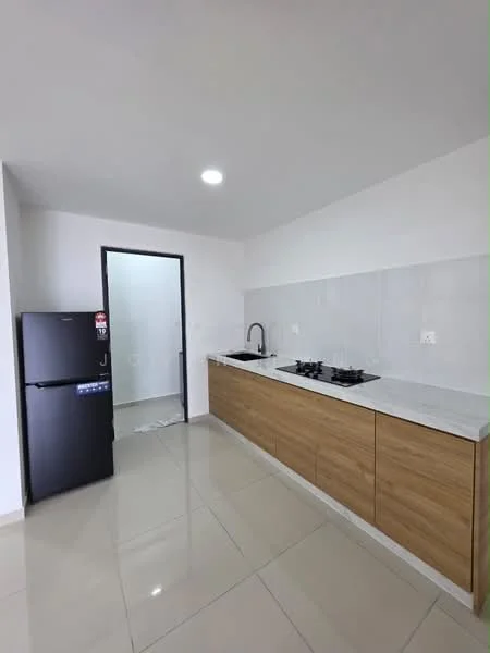 Kitchen features: black fridge, single-bowl stainless-steel sink, chrome pull-down faucet, white marble countertop, wood cabinetry, 4-burner gas hob, grey tiled backsplash, glossy beige floor tiles, recessed downlights, open layout, doorway to hallway; style: modern.