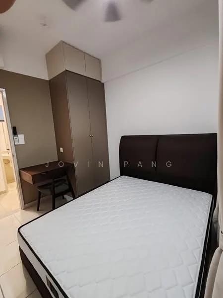 Bedroom features: queen-size bed, upholstered headboard, built-in wardrobe, study desk, chair, white painted walls, tile flooring, ceiling fan; style: modern.