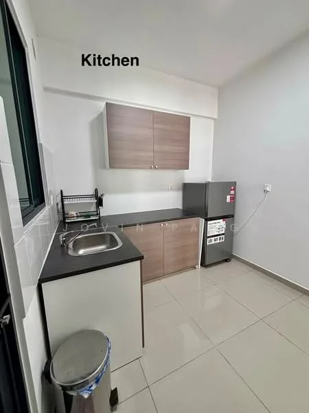 Kitchen features: single-bowl stainless-steel sink, chrome pull-down faucet, laminate countertop, wood cabinetry in light brown, stainless-steel fridge, ceramic tile flooring, white painted walls, window with black frame; style: modern.