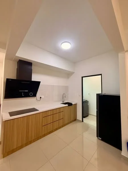 Kitchen features: white quartz countertop, wood cabinetry, black built-in oven, black cooktop, stainless-steel sink, chrome pull-down faucet, black refrigerator, wall-mounted TV, recessed ceiling lights, cream tiled flooring, white painted walls; style: modern.