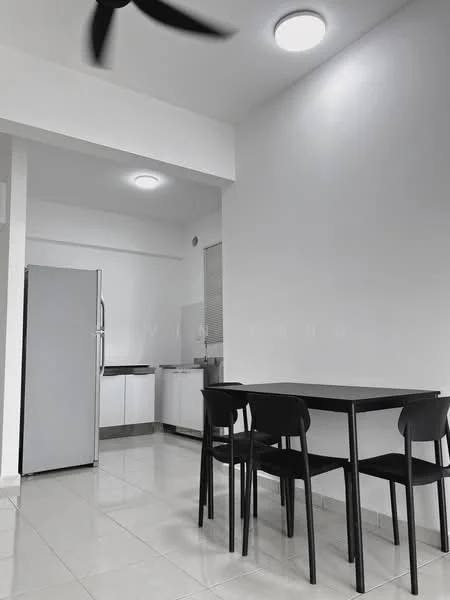 Kitchen features: white painted walls, tile flooring, 5-blade ceiling fan, recessed LED downlights, stainless-steel fridge, black dining table, 4 black dining chairs, white cabinetry, window with blinds; style: modern.