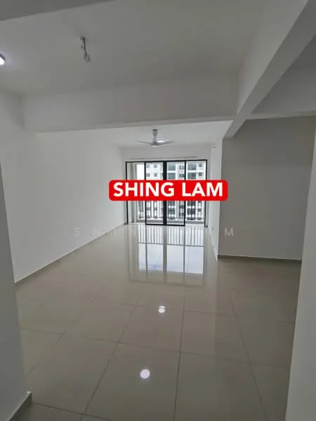 Living features: white painted walls, polished ceramic tile flooring, 5-blade ceiling fan, floor-to-ceiling windows, sliding glass door, balcony access, recessed downlights, open layout; style: modern; view: city.