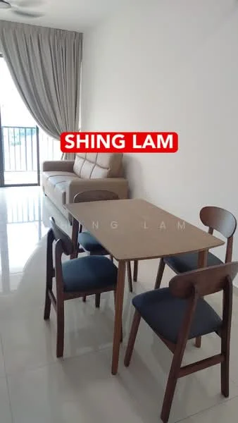 Living features: 3-seater fabric sofa in beige, dining table with light-colored surface, 4 wooden dining chairs with blue upholstery, floor-to-ceiling windows, sheer curtains, glossy tile flooring, ceiling fan, neutral painted walls; style: modern.
