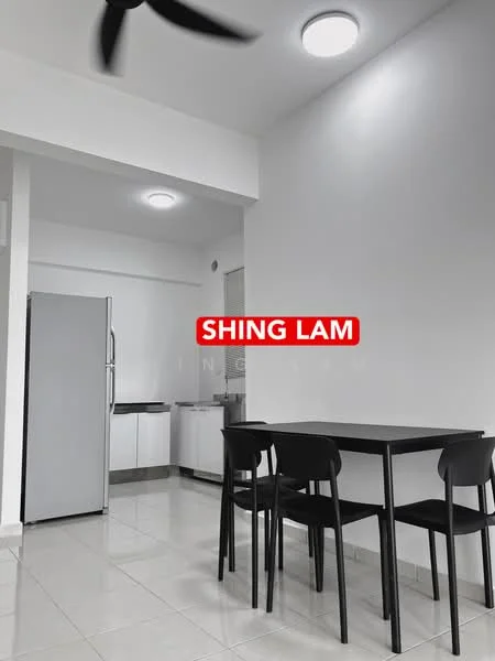 Dining features: black dining table with four chairs, white walls, recessed ceiling lights, tile flooring, stainless-steel fridge, white cabinetry, open kitchen layout, ceiling fan; style: modern. Kitchen features: white cabinets, stainless-steel fridge, countertop space, tile flooring; style: modern.