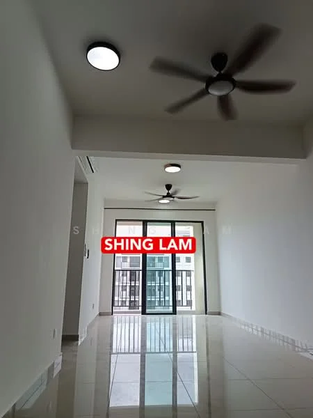 Living features: white painted walls, polished tile flooring, 2 ceiling fans, floor-to-ceiling windows, sliding glass door, balcony access, natural light, neutral color scheme; style: modern; view: city.
