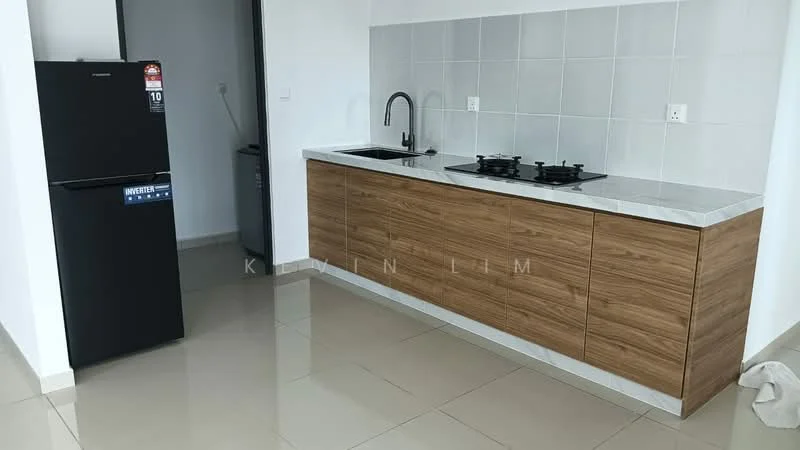 Kitchen features: wood cabinetry, white marble countertop, double-bowl stainless-steel sink, chrome pull-down faucet, 2-burner gas hob, black refrigerator, ceramic tile flooring, grey tiled backsplash; style: modern.