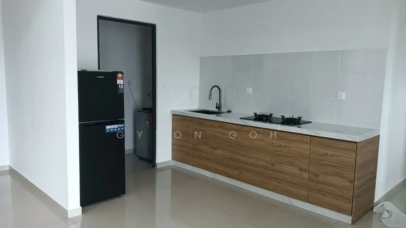 Kitchen features: wood cabinetry, white countertop, stainless-steel sink, chrome pull-down faucet, 2-burner gas hob, black fridge, white tiled backsplash, ceramic tile flooring, wall-mounted cabinet, open layout; style: modern.