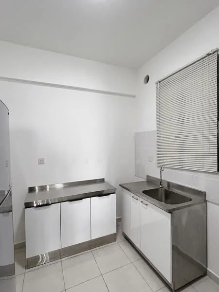 Kitchen features: white cabinetry, stainless-steel countertop, stainless-steel sink, chrome faucet, tile flooring, white walls, window with blinds, built-in cabinetry; style: modern.