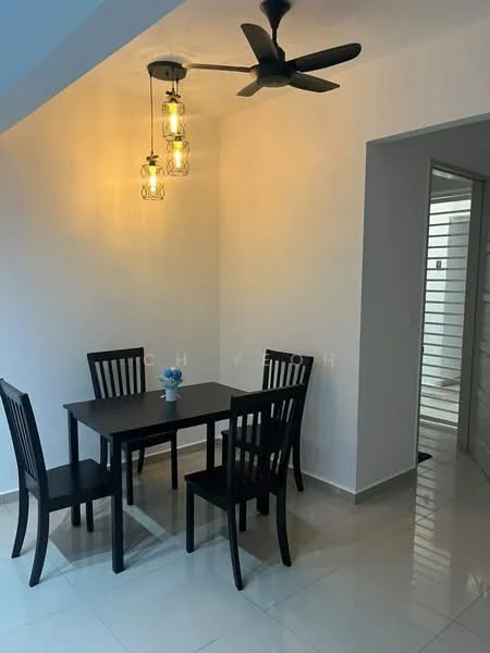 Dining features: black dining table, 4 black dining chairs, pendant light fixture with multiple bulbs, white painted walls, glossy ceramic tile flooring, ceiling fan, decorative vase on table; style: modern.
