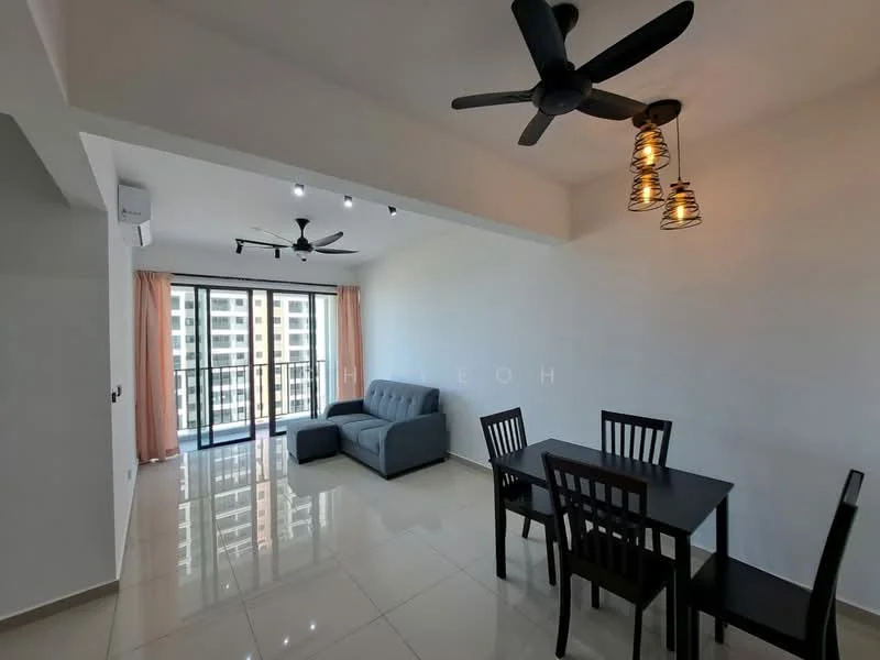 Living features: grey fabric sofa, black dining table for 4, 4 black dining chairs, floor-to-ceiling windows, sliding glass door, curtains in peach color, 2 ceiling fans, recessed downlights, polished ceramic tile flooring, white painted walls; style: modern; view: city.