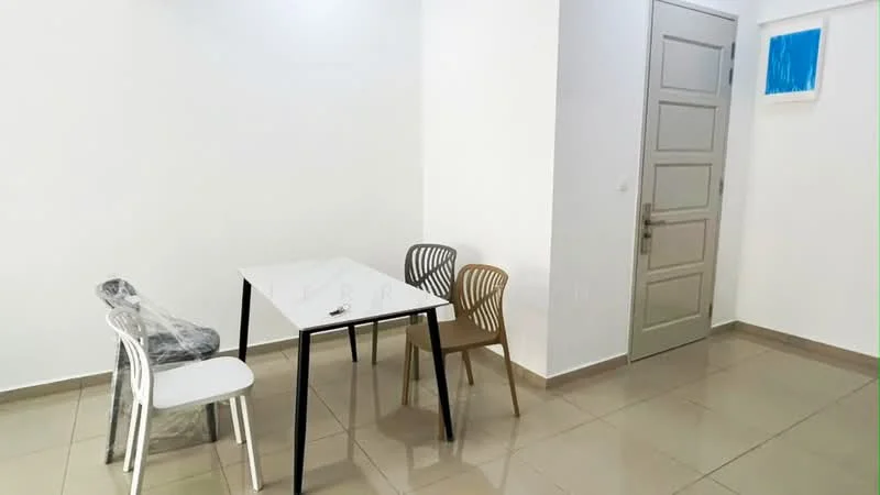Dining features: white rectangular dining table, 4 dining chairs in various colors, white painted walls, cream tiled flooring, door with grey frame, small window with blue frame, minimalist decor; style: modern.