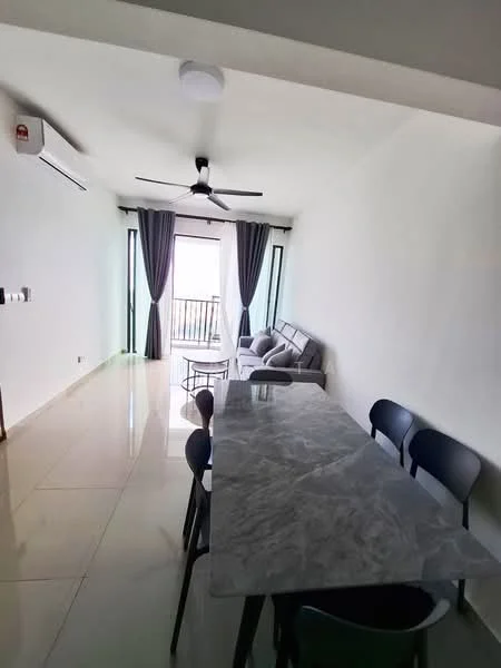 Living features: grey fabric sofa, marble dining table, 4 black dining chairs, floor-to-ceiling windows, sheer curtains, 5-blade ceiling fan with light, wall-mounted split AC, glossy tile flooring, white painted walls, balcony access; style: modern; view: city.