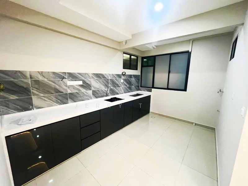Kitchen features: white quartz countertop, black flat-panel cabinets, stainless-steel sink, chrome pull-down faucet, built-in cooktop, grey marble tile backsplash, white tiled flooring, recessed downlights, large window for natural light, open layout, wall-mounted cabinets; style: modern.