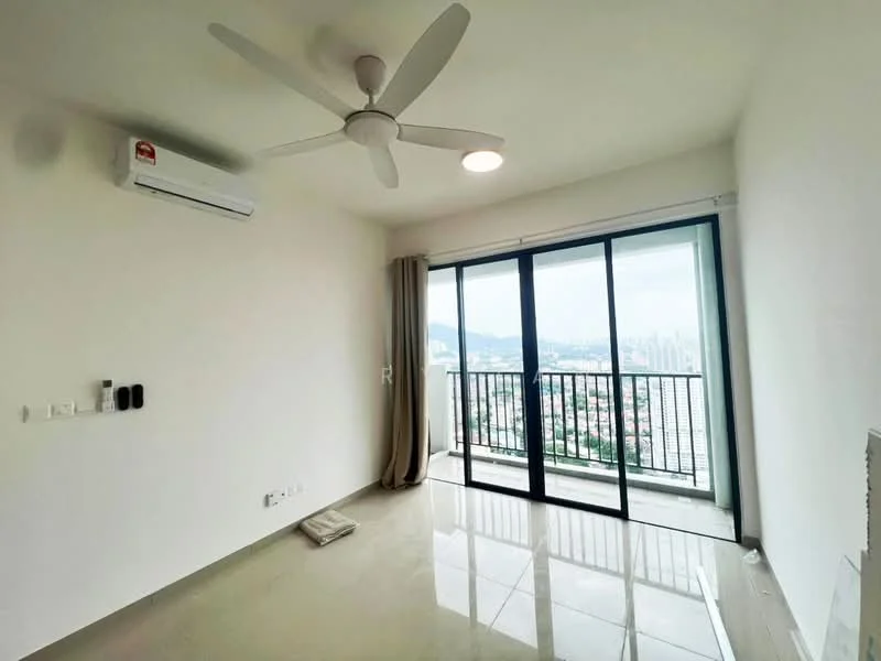 Living features: 5-blade ceiling fan with light, wall-mounted split AC, floor-to-ceiling sliding glass door, grey tiled flooring, white painted walls, curtain rod with sheer curtains, city skyline view, recessed ceiling light; style: modern; view: city.
