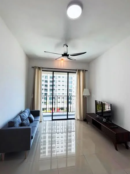 Living features: grey fabric sofa, coffee table, wall-mounted TV, TV console, floor-to-ceiling sliding glass door, sheer curtains, 5-blade ceiling fan with light, glossy tile flooring, white painted walls, decorative lamp; style: modern; view: garden.