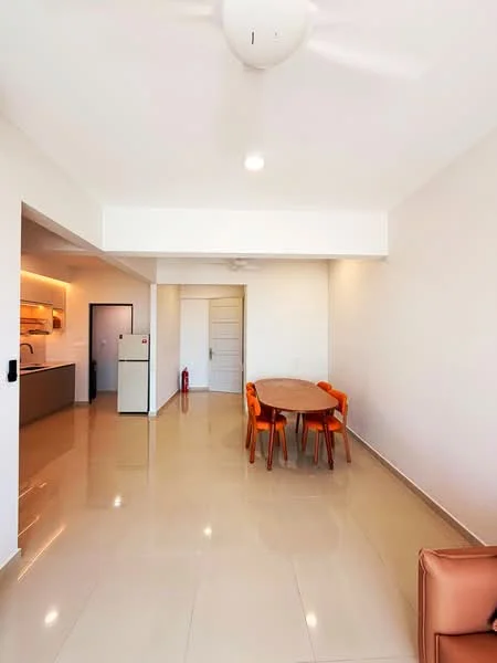 Dining features: round dining table, 4 orange dining chairs, wall-mounted ceiling fan, polished tile flooring, white painted walls, recessed lighting, open layout to kitchen, kitchen counter visible; style: modern. Kitchen features: stainless-steel fridge, kitchen cabinetry, countertop with backsplash, built-in oven, induction cooktop; style: modern.
