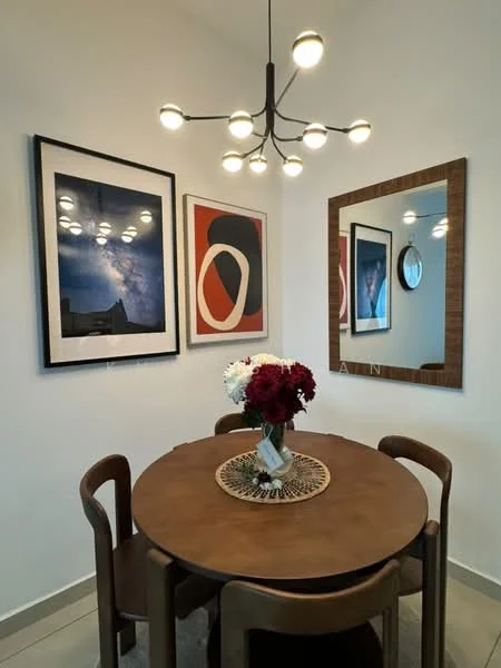 Dining features: round dining table, 4 wooden dining chairs, decorative vase with flowers, wall-mounted mirror, framed artwork on walls, chandelier with multiple bulbs, neutral wall color, tile flooring; style: modern.